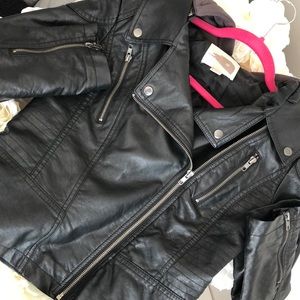 Leather jacket with removable sweater hood